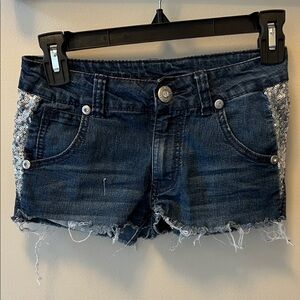 GUESS Dark Blue Denim Shorts with Silver Sequin Sides size 10